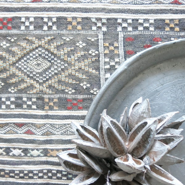 Kelim Teppich Marokko - 'Tiflet' - Anthrazit-creme